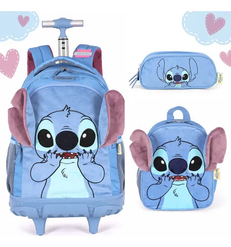 Mochila Rodinha Stitch Angel Pelúcia Grande Infantil Escolar