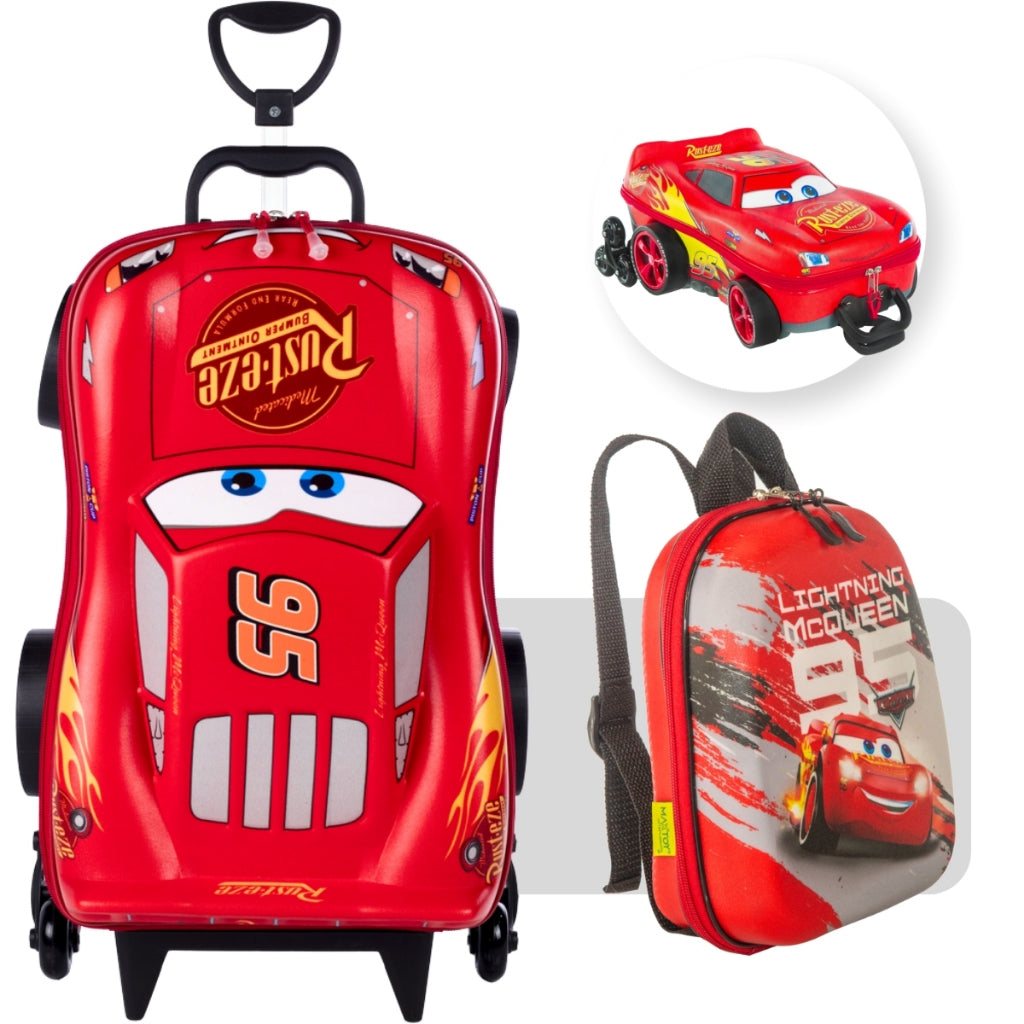 Kit Mala e Mochila Infantil McQueen com Rodinhas 3D